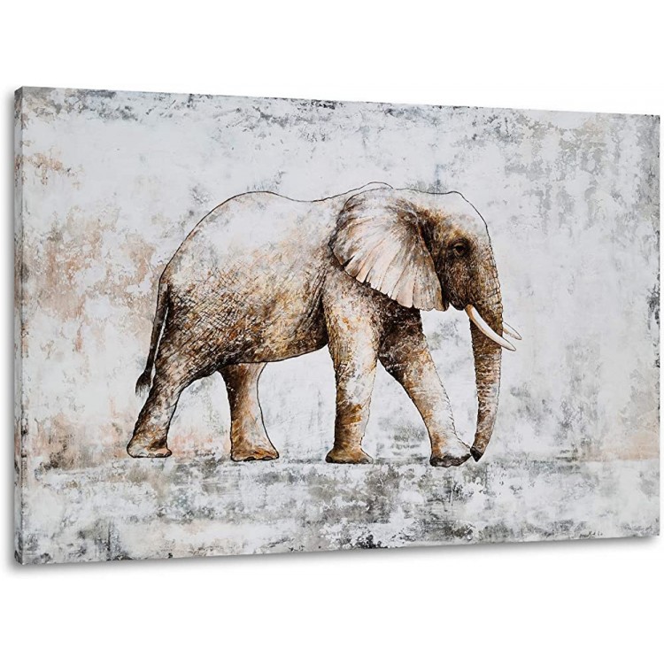 Elephant Pictures Home Decor Hand Painted Rustic Animal Oil Paintings Brown and White Canvas Wall Artwork for Living Room Bedroom Bathroom Decoration - BM0JVMMUH