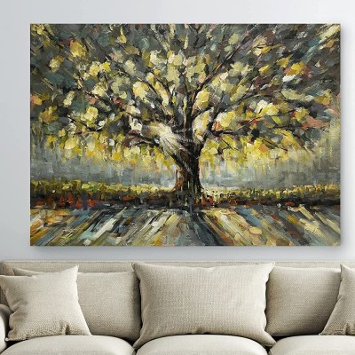 Hand-Painted Green oak Canvas Wall Art,24"x 36" Framed Trees Oil Painting Wrapped Modern Rural Artwork for Living Room Restaurant Bedroom Gallery Coffee Shop Decorations - BXP8TB9DQ