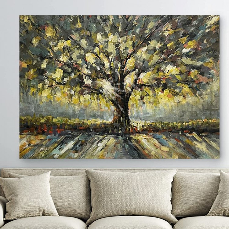 Hand-Painted Green oak Canvas Wall Art,24x 36 Framed Trees Oil Painting Wrapped Modern Rural Artwork for Living Room Restaurant Bedroom Gallery Coffee Shop Decorations - BXP8TB9DQ