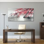 Handmade Traditional Chinese Painting Pink Plum Blossom Canvas Wall Art Modern Black and White Landscape Artwork - BFVDPDQZ3