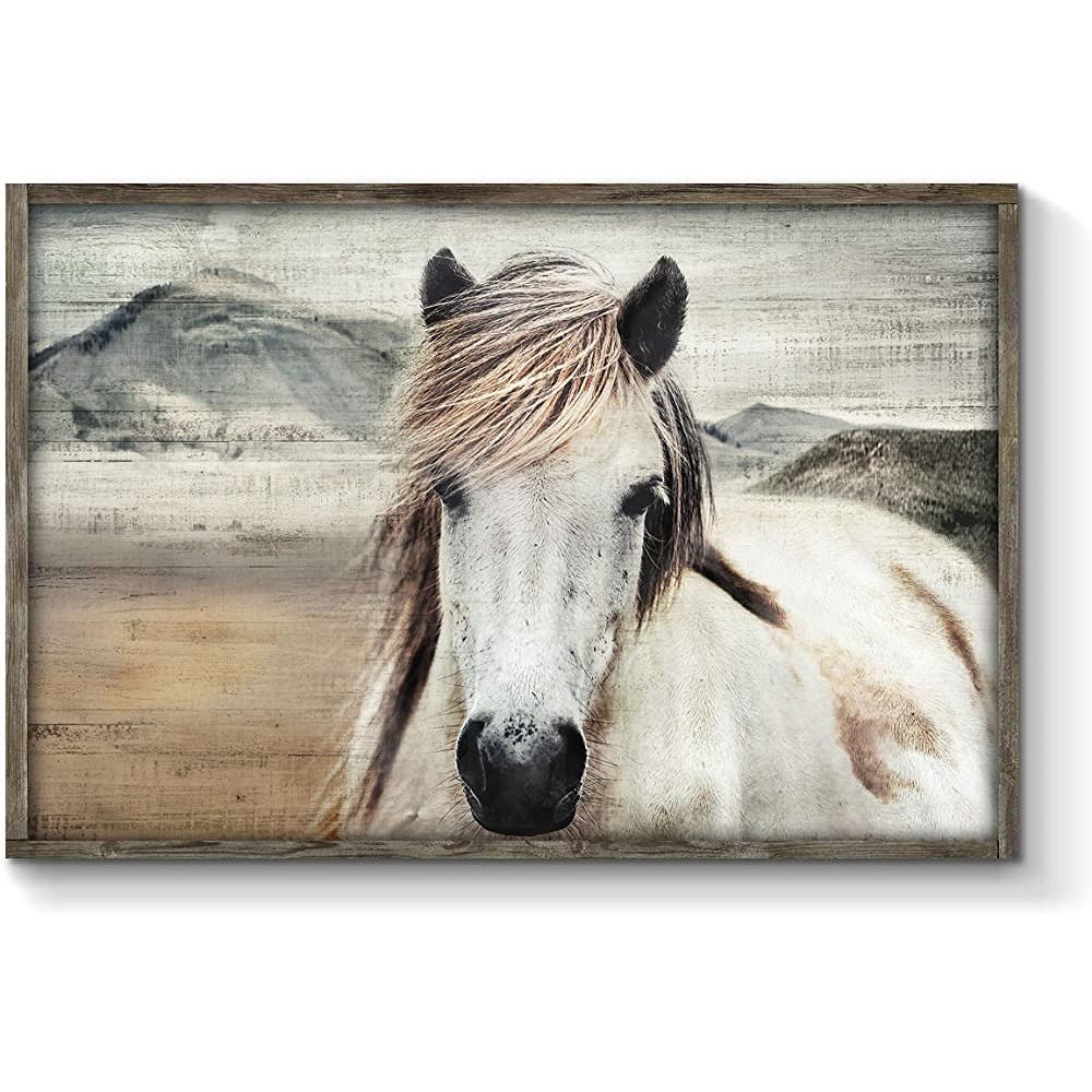 Horse Framed Picture Wall Art: Vintage Western Mountain Landscape Inspirational Animal Painting for Office or Living Room 36W x 24H Multiple Sizes - BBOBUWRKE