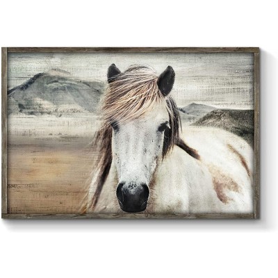 Horse Framed Picture Wall Art: Vintage Western Mountain Landscape Inspirational Animal Painting for Office or Living Room  36"W x 24"H Multiple Sizes  - BBOBUWRKE