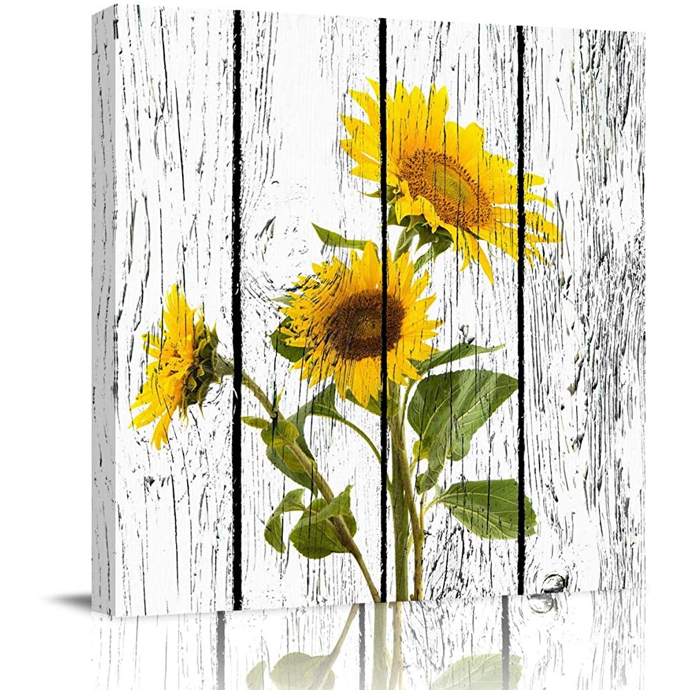 Krisyeol Canvas Wall Art Painting Wall Decor Rustic Sunflower Floral on Vintage Wood Grain Oil Painting Hang for Home Living Room Bedroom Office Decoration 8x8inch - BRSWMKAZW