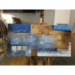 Large Abstract Blue Gold Gray Wall Art Hand Painted Textured Linen Oil Painting on Canvas Ready to Hang 60x30inch - BBLFZP8A2