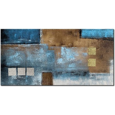 Large Abstract Blue Gold Gray Wall Art Hand Painted Textured Linen Oil Painting on Canvas Ready to Hang 60x30inch - BBLFZP8A2