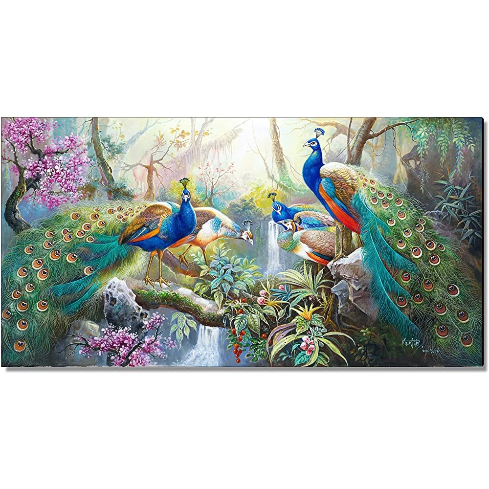 MATYBATE Peacock Painting Canvas Wall Art-Blue Green Peacock Painting Tropical Rainforest Animal Landscape Frameless Canvas Wrapped 3D Printing Art- Modern Home Living Room Bedroom Decoration 24*48in - BP1CDI252