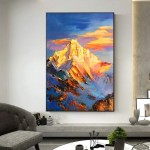 Oil Painting on Canvas Wall Art Nature Hand Painted Mt. Everest Golden Shining Sunset 3D Textured Abstract Large Home Decor Frameless Vertical Paintings for Living Room Bedroom Gift,28X56Inch Frame - BJC8A4IUU