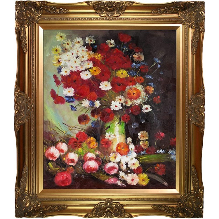 overstockArt Vase with Poppies Cornflowers Peonies and Chrysanthemums with Victorian Gold Framed Oil Painting 32 x 28 Multi-Color - B12Q29IQ6