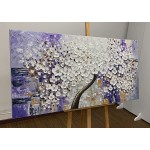 Paviliart 3D Blooming White Flower with Light Purple Textured Size 24x 48 Hand Painted Palette Knife Oil Painting on Canvas Modern Style Abstract Floral Wall Art Décor Wood Inside Framed Hanging Ready to Hang in Living Room Dining Room - BROUFLA