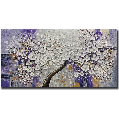 Paviliart 3D Blooming White Flower with Light Purple Textured Size 24"x 48" Hand Painted Palette Knife Oil Painting on Canvas Modern Style Abstract Floral Wall Art Décor Wood Inside Framed Hanging Ready to Hang in Living Room Dining Room - BROUFLA