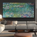 Reproduction Impressionist Claude Monet Water Lotus Canvas Painting Wall Art Hand-Painted Oil Painting-Impressionism Retro Hazy Wall Art Picture For Living Room,Green,60X120Cm 24X48Inch - BGG1QV8ZJ