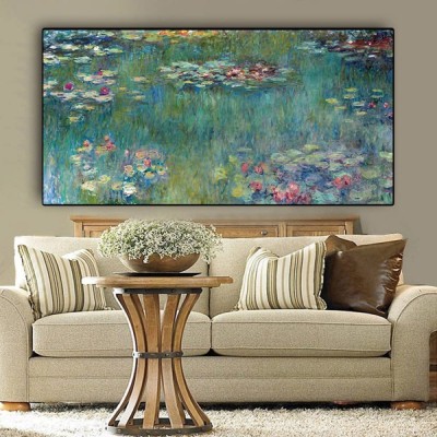 Reproduction Impressionist Claude Monet Water Lotus Canvas Painting Wall Art Hand-Painted Oil Painting-Impressionism Retro Hazy Wall Art Picture For Living Room,Green,60X120Cm 24X48Inch - BGG1QV8ZJ