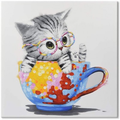 SEVEN WALL ARTS Cute Cat Painting Animal Colorful Cup Kitty Art Hand-Painted Pet Picture Framed Artwork for Playroom Home Office Kids Room Decor 24 x 24 Inch - B5OELV9JO