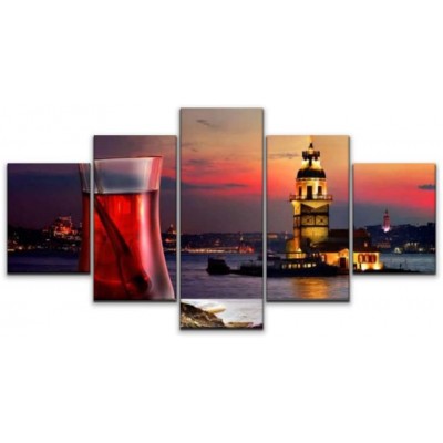 Skipvelo 5 Panels Wall Canvas Prints Pictures Turkish Tea Maiden Tower istanbuls and Pictures Wall Paintings Wall Decor Stretched and Framed Ready to Hang - BGWPJUHE7