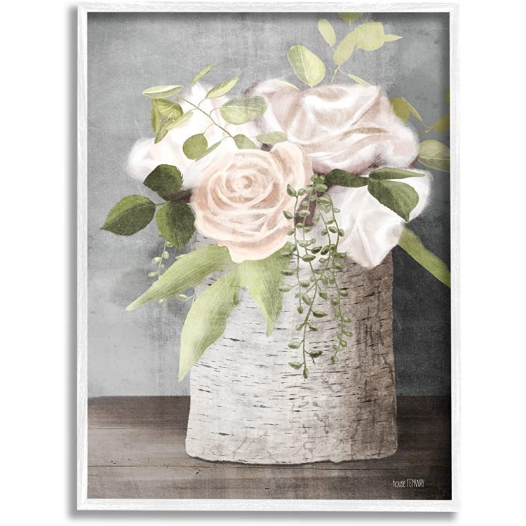 Stupell Industries Roses and Botanicals on Birch Stump Painting White Framed Wall Art 11 x 14 Grey - B47JDS30Y