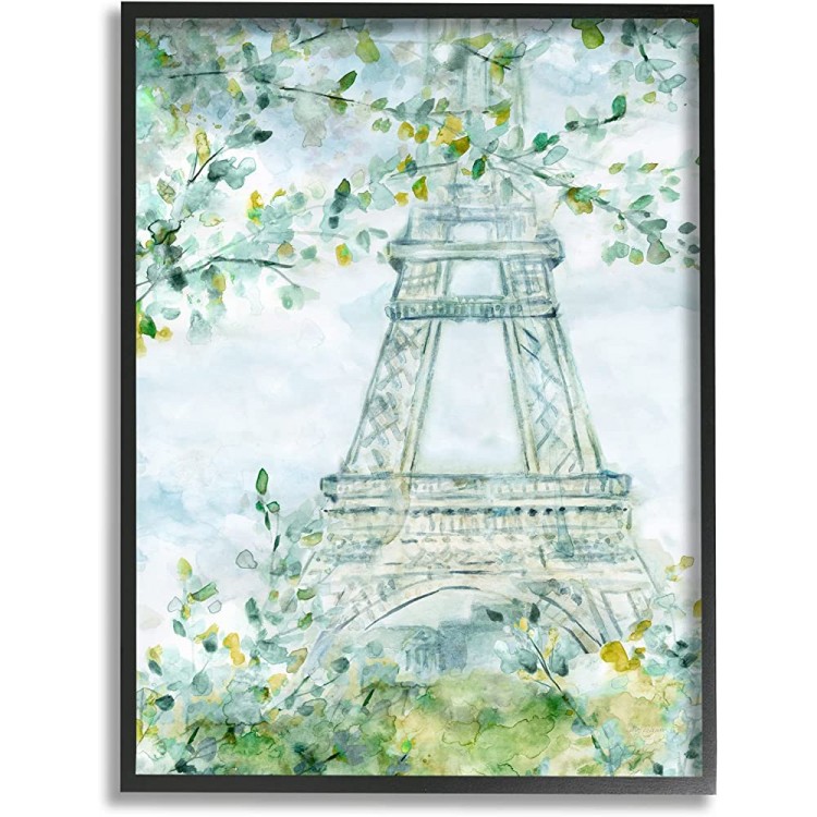 Stupell Industries Watercolor Eiffel Tower Painting Soft Green Leaf Trees Black Framed Wall Art 16 x 20 - BUWLJ5PN8