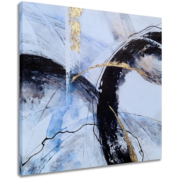 SYGALLERIER Abstract Canvas Wall Art with Hand Painted Textured Modern Oil Paintings with Gold Foil Contemporary Black White Blue Pictures for Living Room Bedroom Bathroom Decor - BRDPJE6ZI