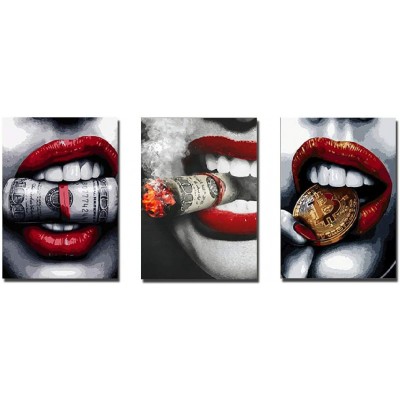 TY2020 Red Lips Series: 【Luxury】-Spray Painting Core Modern Fashion Sexy Red Lips Nordic Style Room Decoration Painting Sofa Background HD Wall Painting Set of 3（11.8"X15.75"【No Fram - BVFFOTU8I