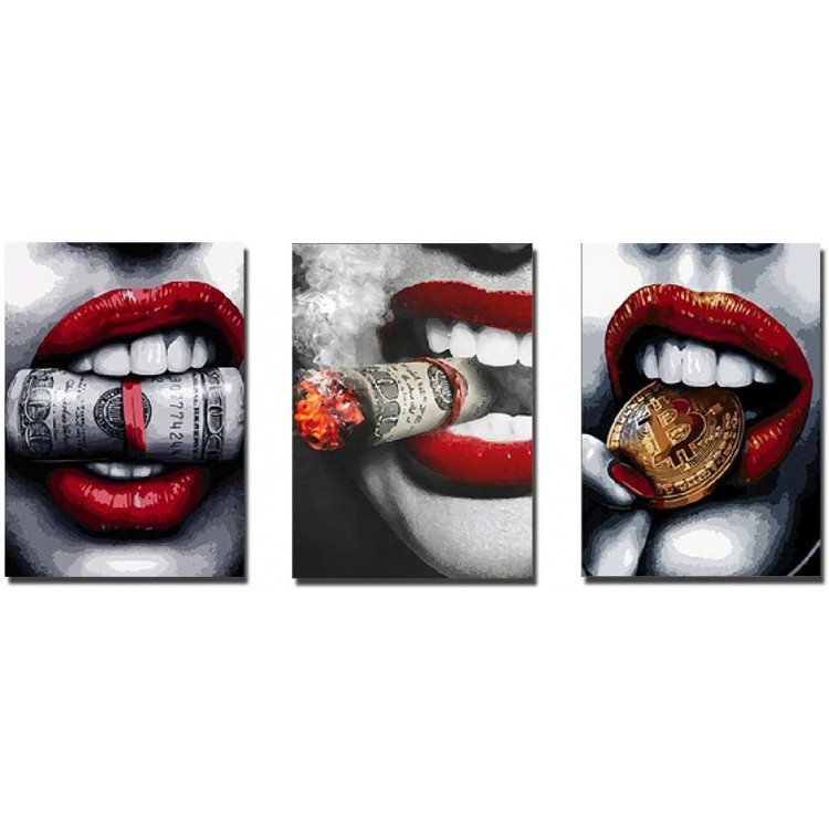 TY2020 Red Lips Series: 【Luxury】-Spray Painting Core Modern Fashion Sexy Red Lips Nordic Style Room Decoration Painting Sofa Background HD Wall Painting Set of 3（11.8X15.75【No Fram - BVFFOTU8I