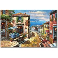 UTOP-art Coastal Cityscape Oil Painting Artwork: Italian Town Canvas Wall Art Mediterranean Style Street Painting for Living Room  45” x 30”  - BWCFXQPHD