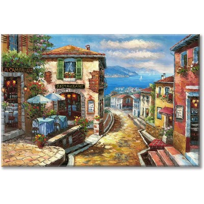 UTOP-art Coastal Cityscape Oil Painting Artwork: Italian Town Canvas Wall Art Mediterranean Style Street Painting for Living Room  45” x 30”  - BWCFXQPHD