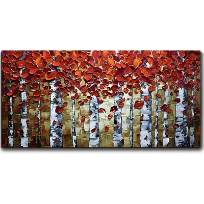 V-inspire Paintings 24x48 Inch Paintings Oil Abstract Red Birch Trees Wall Art Contemporary 3D Hand-Painted On Canvas Artwork Art Wood Inside Framed Hanging Living room Bedroom Wall Decoration - BO31VMHAL