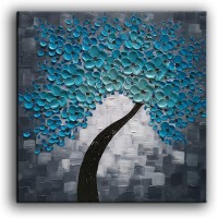 YaSheng Art Blue Flowers Oil Paintings 100%Hand-painted Oil Painting on Canvas Texture Abstract Art Pictures Canvas Wall Art Paintings Modern Home Decor Abstract Paintings Ready to Hang 30x30inch - BEOXN9902