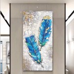 Yotree Paintings,24x48 Inch Blue Feather Oil Hand Painting 3D Hand-Painted On Canvas Abstract Artwork Art Wall Decoration Abstract Painting for livingroom - B9SM6DSKF