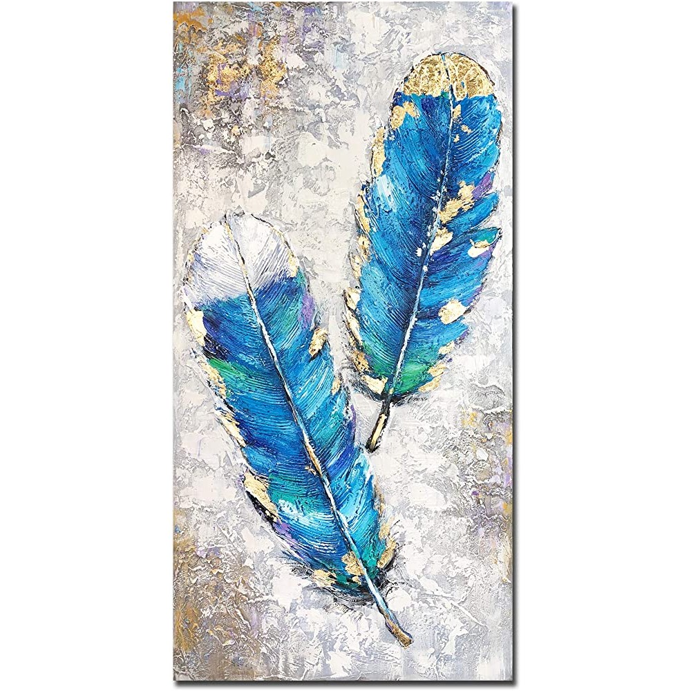 Yotree Paintings,24x48 Inch Blue Feather Oil Hand Painting 3D Hand-Painted On Canvas Abstract Artwork Art Wall Decoration Abstract Painting for livingroom - B9SM6DSKF