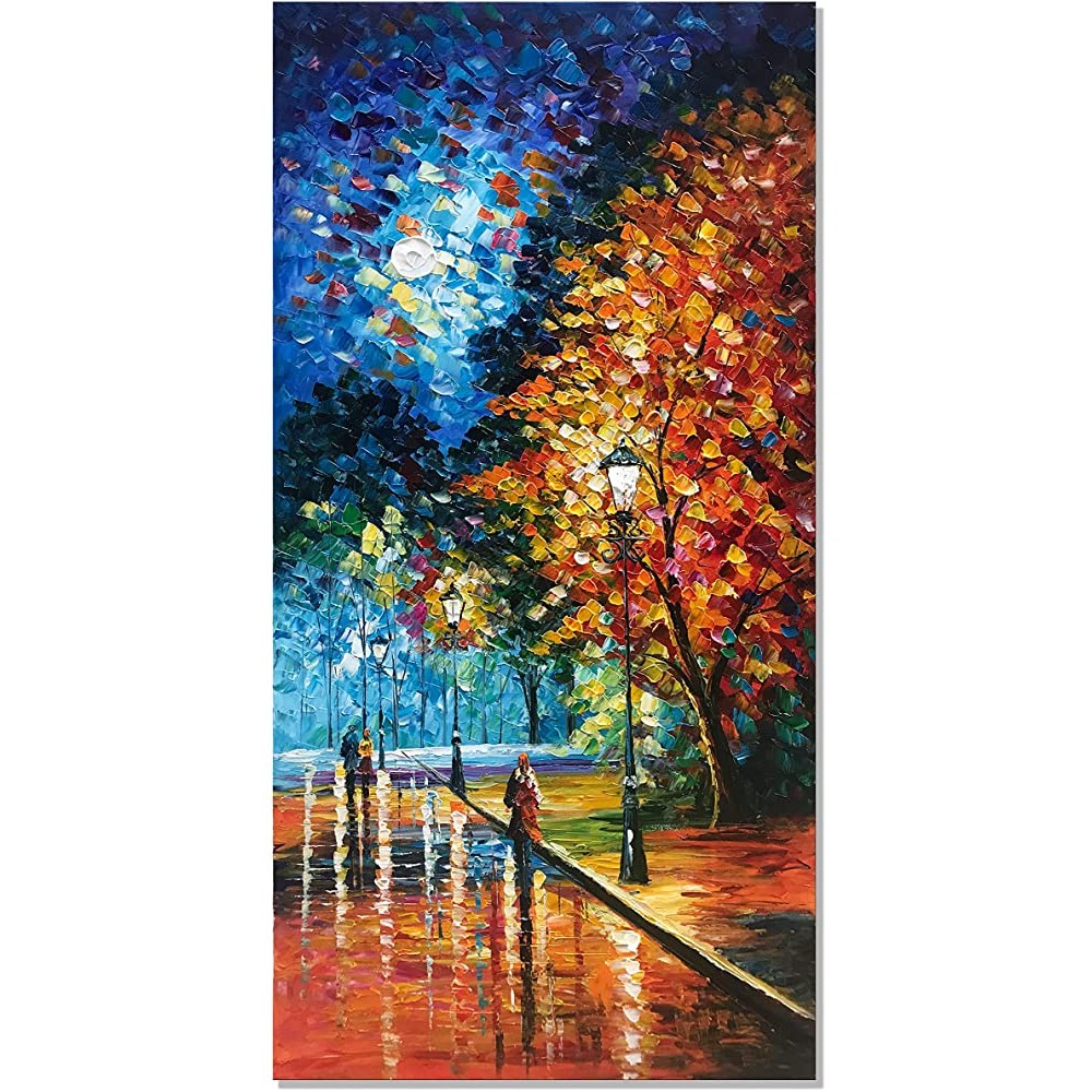 zoinart Hand Painted 3D Abstract Knife Paintings Vertical Canvas Wall Art Modern Oil Painting on Canvas 48x24 inch Streets in the Moonlight Blue Artwork for Living Room Hallway Ready to Hang - B9ZC317ZI