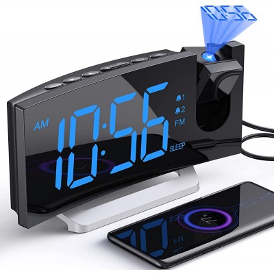 Alarm Clocks for Bedrooms Digital Alarm Clock with 180° Rotatable Projector & FM Radio 0-100% Dimmer 3 Level Projection Brightness 3 Level Volume Snooze USB Charger Sleep Timer,Dual Alarm Clock - BP52M3B6L