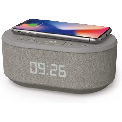 Bedside Radio Alarm Clock with USB Charger Bluetooth Speaker QI Wireless Charging Dual Alarm Dimmable LED Display Grey - BALM5N06I