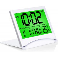 Betus Digital Travel Alarm Clock with Backlight Foldable Calendar & Temperature & Timer LCD Clock with Snooze Mode Large Number Display Battery Operated Compact Desk Clock for All Ages Silver - B92T1ALZX