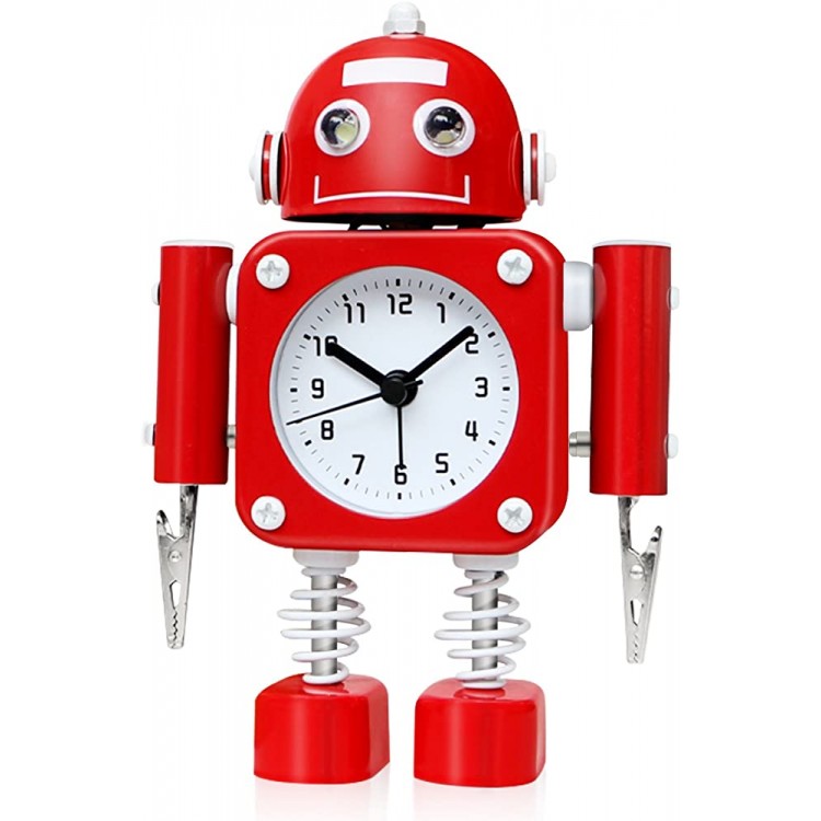 Betus Non-Ticking Robot Alarm Clock Stainless Metal Wake-up Clock with Flashing Eye Lights and Hand Clip Ruby Red - BW2AOA1MR