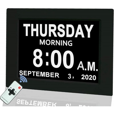 Digital Calendar Alarm Day Clock 8" Large Screen Display with 5 Alarm Options AM PM Function for Impaired Vision People Age Seniors The Dementia for Desk Wall Mounted with Remote Control - BJ67TTQ08