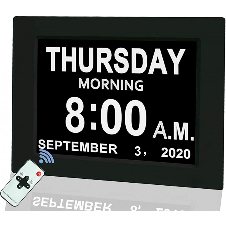 Digital Calendar Alarm Day Clock 8 Large Screen Display with 5 Alarm Options AM PM Function for Impaired Vision People Age Seniors The Dementia for Desk Wall Mounted with Remote Control - BJ67TTQ08