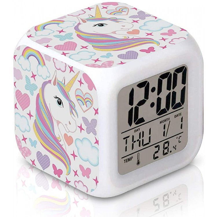 DTMNEP Unicorn Alarm Clock for Kids Girls Room LED Digital Bedroom Alarm Clock Easy Setting Cube Wake Up Clocks with 4 Sided Unicorn Pattern Soft Nightlight Large Display Ascending Sound - BWV1T031T