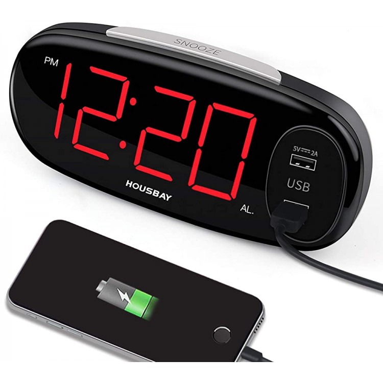 HOUSBAY Digital Alarm Clock with Dual USB Charger No Frills Simple Settings Easy Snooze 6.5 Big LED Alarm Clocks for Bedrooms with Dimmer Outlets Powered - B4L76HDCA