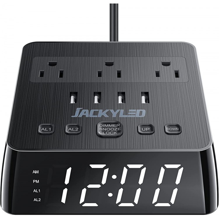 JACKYLED Alarm Clock with 4 USB Chargers Power Strip 3 Outlets 1700J Surge Protector Nightstand Dimmable Digital Clock with Dual Alarm and Snooze Function for Bedroom Full Screen LED Display - BZMWTCI9U