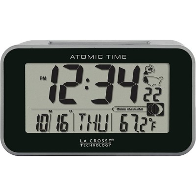 La Crosse Technology 617-1270 Atomic LCD Alarm Clock 4.75" L x 1.80" W x 2.75" H Black Silver - BMX0L0IHZ