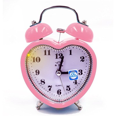 Monique Students Seniors 3in Twin Bell Loud Alarm Clock Silent Analog Quartz Nightlight Clock Battery Operated for Heavy Sleepers Heart Shape Pink - BHQPMNUOE