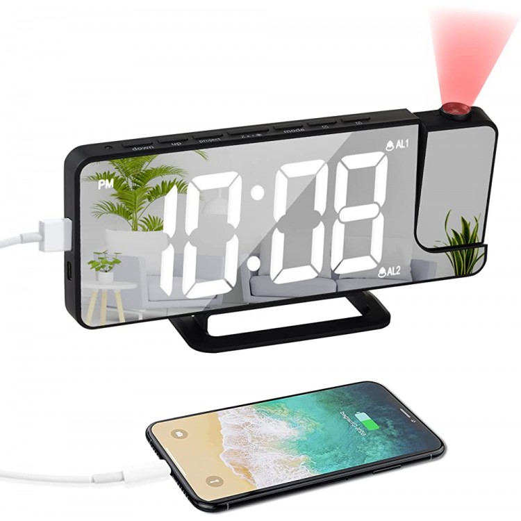 Projection Digital Alarm Clock for Bedroom Large Display LED Mirror Alarm Clock Projection on Ceiling 180° Projector,6 Dimmer USB Charger 7.9 Dual Loud Alarm Clock for Heavy Sleeper Adults. - BU9L2TFEH