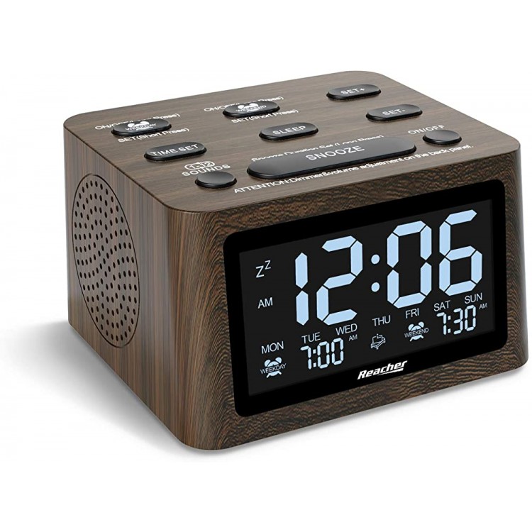 REACHER Wooden Dual Alarm Clock and White Noise Machine Adjustable Volume 6 Wake Up Sounds 12 Soothing Sounds for Sleeping Auto-Off Timer USB Charger Battery Backup 0-100% Dimmer for Bedroom - BVJJM38Y9