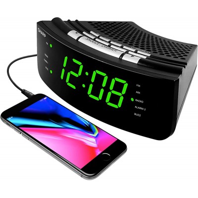 SHARP Alarm Clock with AM FM Radio Sleep Wake to Music Dual Weekday Weekend Alarm Function Save Up to 20 Radio Stations Large 1.2” Green LED Display Built in Aux Cord - BOSHFPBHU