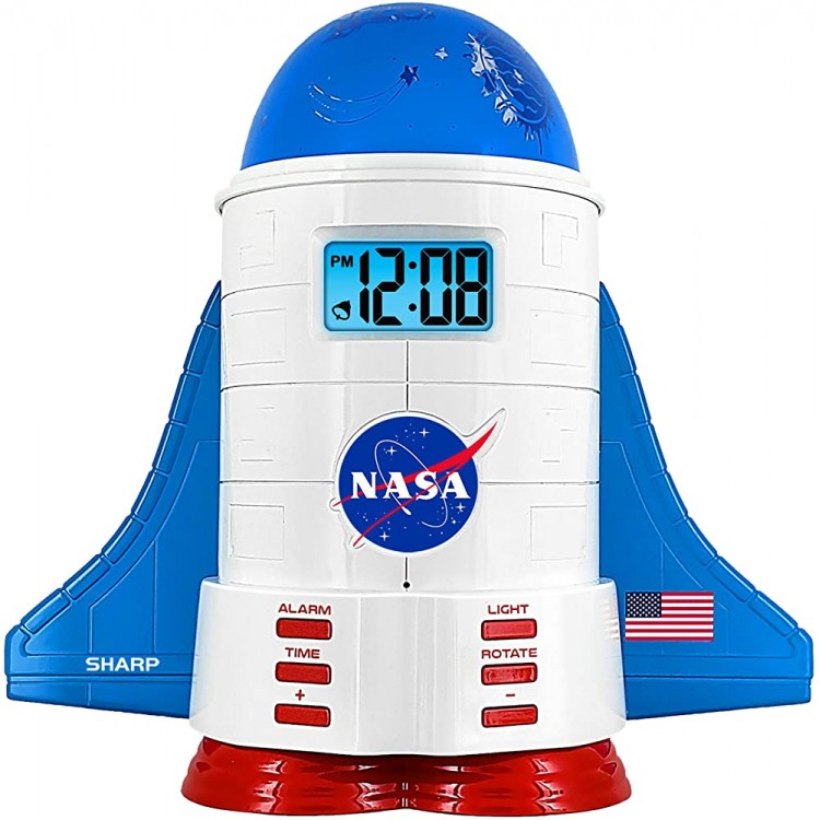 Sharp NASA Space Shuttle Night Light Alarm Clock – Wings and Booster Lights Up – Space Design Nightlight Fun with 4 Color Options and 2 Space Themes for Bedroom Great Gift! - BCYJ77Y9B