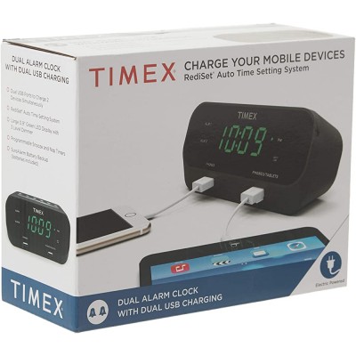 Timex T129B RediSet Dual Alarm Clock with Dual USB Charging and Extreme Battery Backup Black - BGQEKFTS6