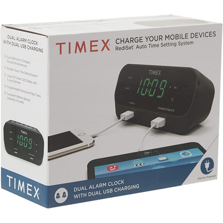 Timex T129B RediSet Dual Alarm Clock with Dual USB Charging and Extreme Battery Backup Black - BGQEKFTS6