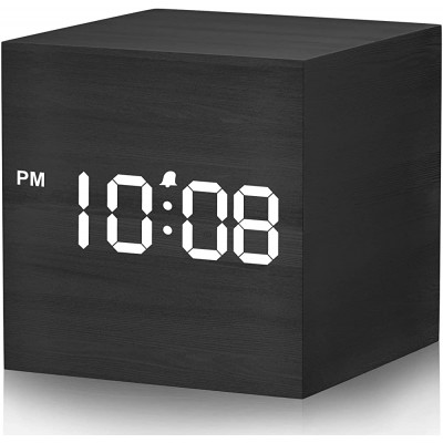 WulaWindy Mini Digital Alarm Clock 3 Alarm Settings 12 24Hr Snooze Controls Alarm Volume and Brightness Wood LED Clocks for Bedroom Bedside Desk Kids Black - BSNJJWSTY