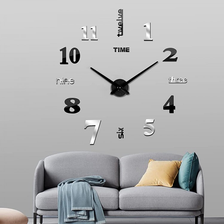 3 in 1 FERRISA Large 3D Frameless Wall Clock 47 Inch Modern Silent DIY Wall Clock for Living Room Bedroom Office Decor One Black Movement + 2 Digital Plates Included（Black +Silver） - BUB7NQPBK