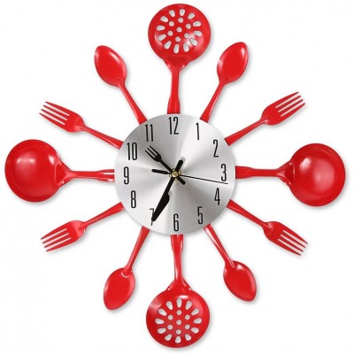 Cigera 14" Kitchen Cutlery Wall Clock with Forks and Spoons for Home Decor,Red - BACN7ZA2Q